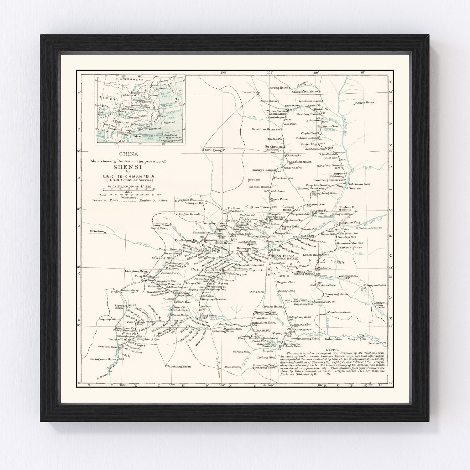 Vintage 1918 map of Shaanxi Province China from the Republican era, restored cartographic print