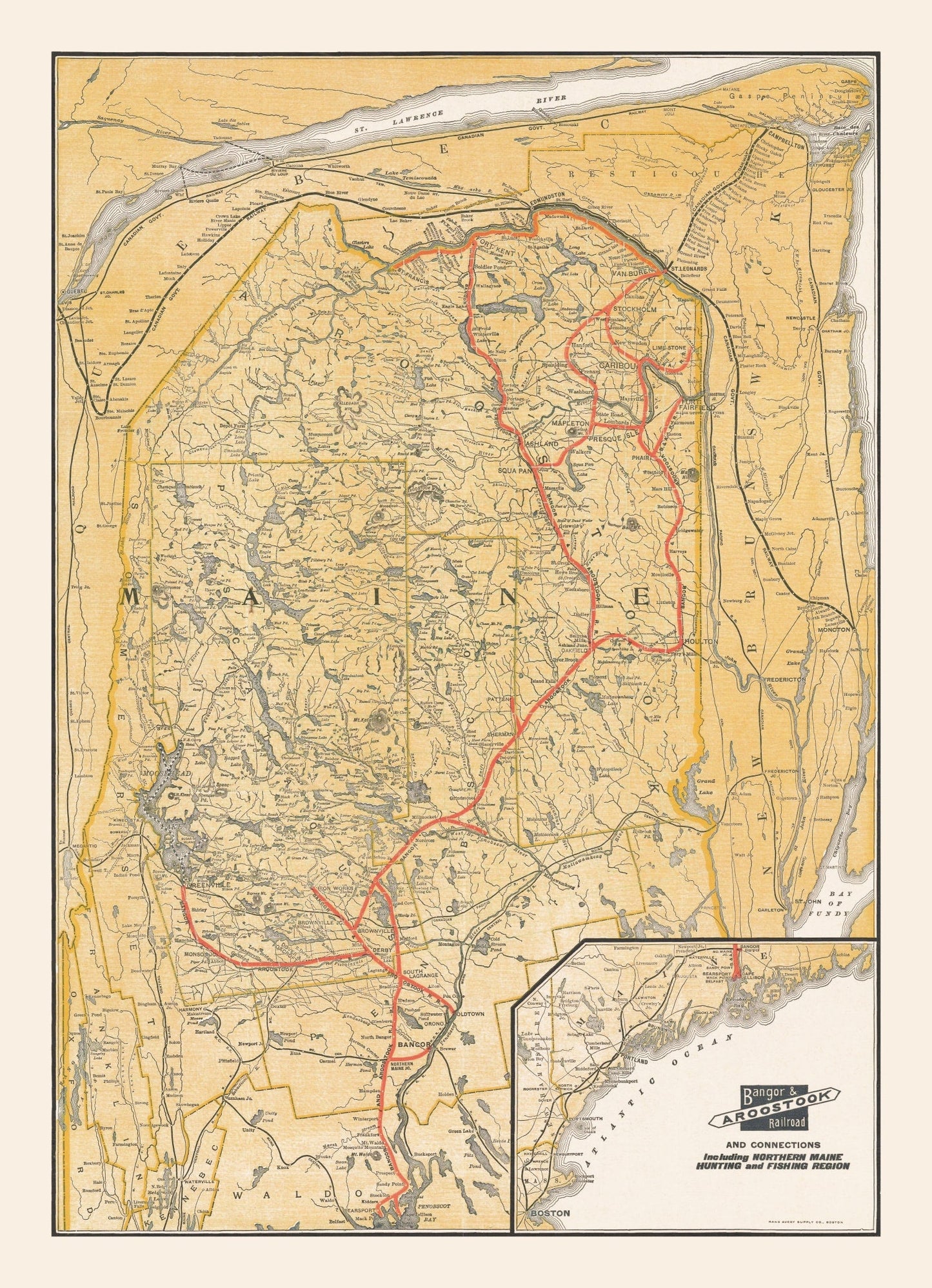 Vintage Railroad Map of Maine, 1915