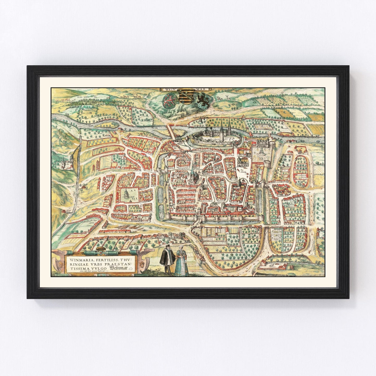 Vintage map of Weimar, Germany, 1582, Renaissance era Thuringia town