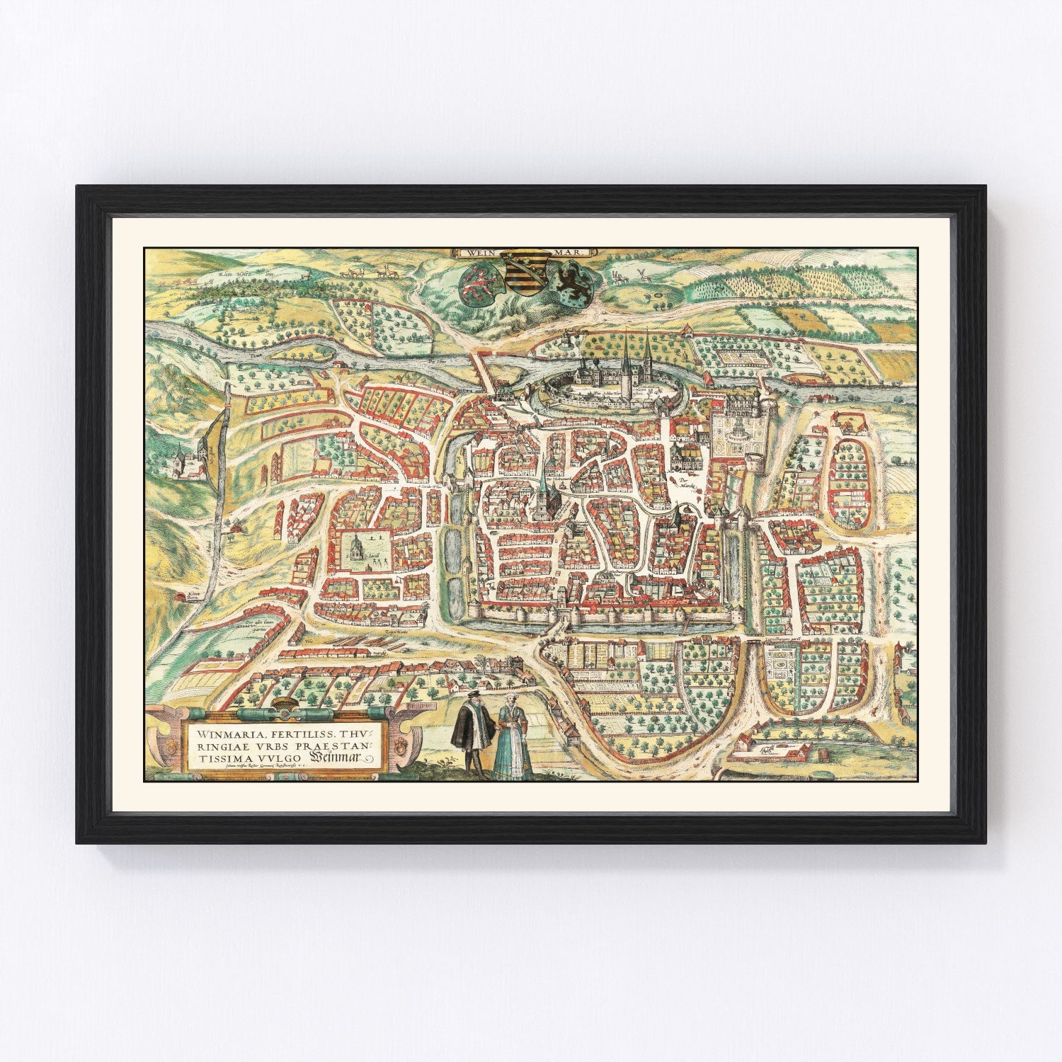 Vintage map of Weimar, Germany, 1582, Renaissance era Thuringia town