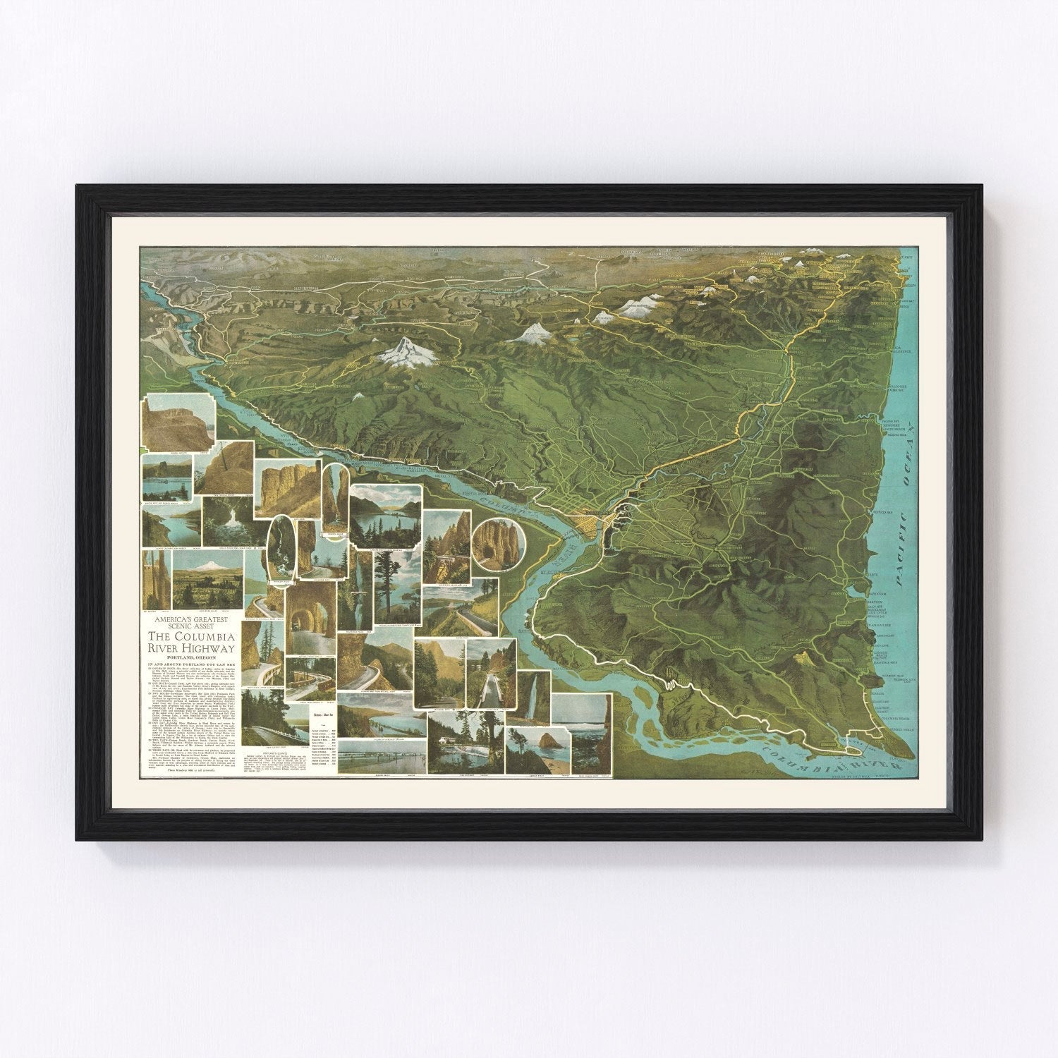 Vintage restored map of the Columbia River Highway, Oregon, 1925, scenic gorge road