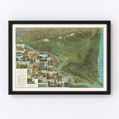 Vintage restored map of the Columbia River Highway, Oregon, 1925, scenic gorge road