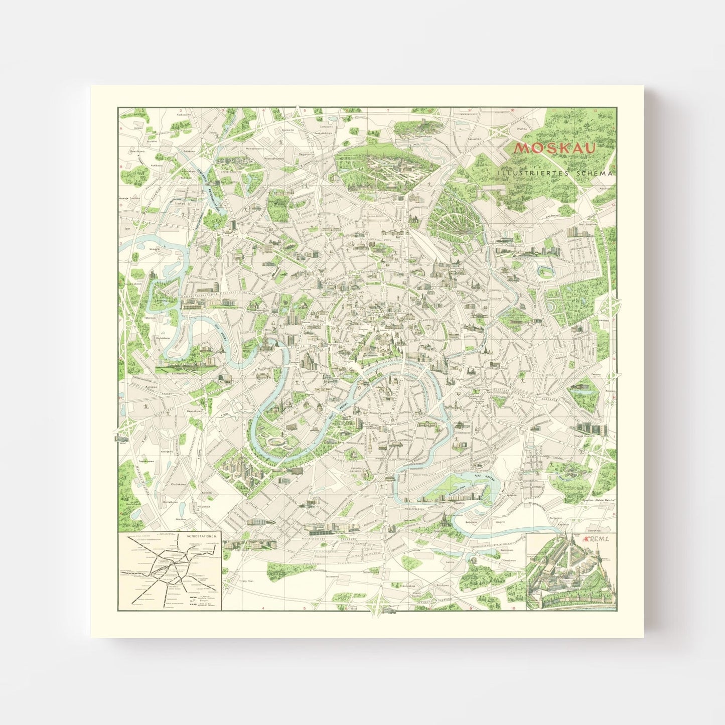 Vintage Map of Moscow, Russia, 1968