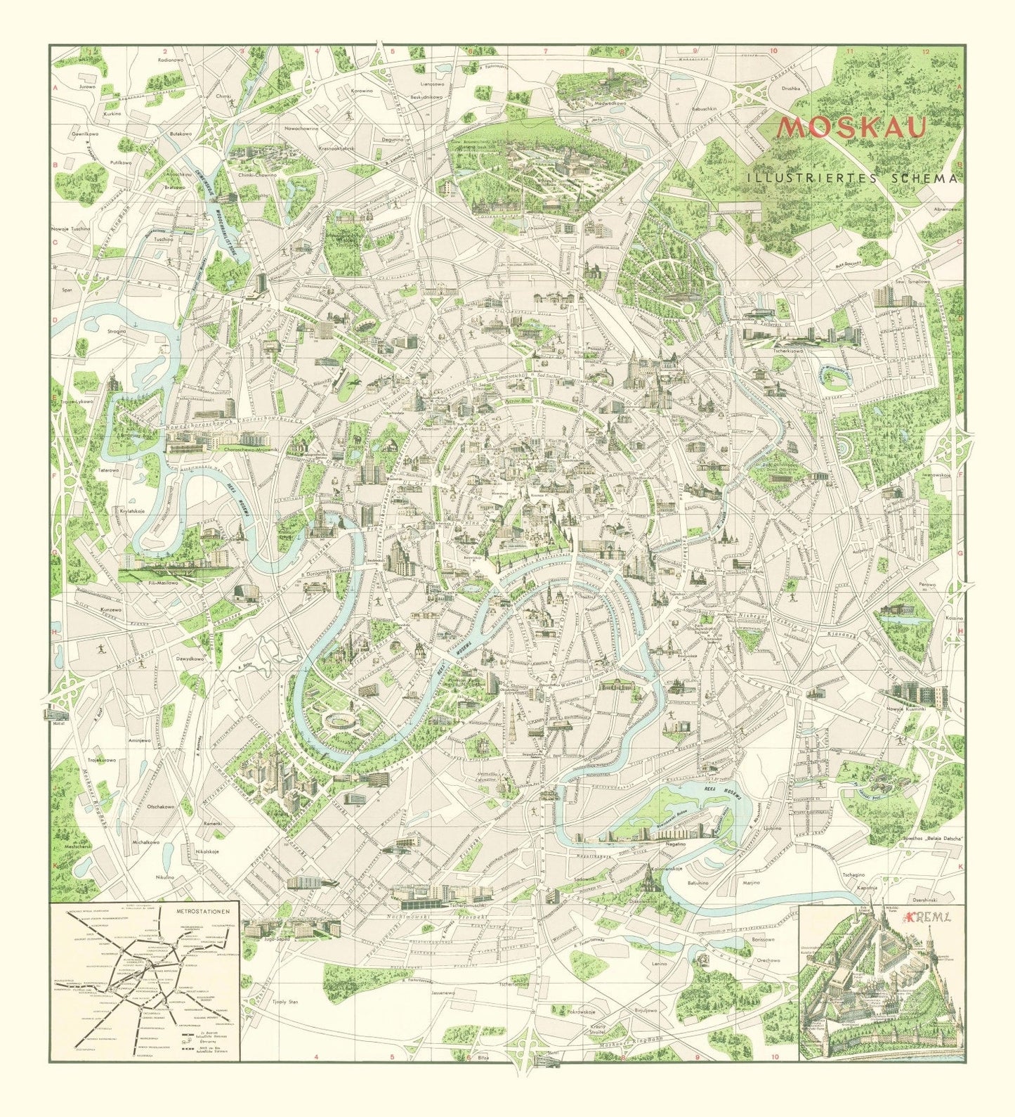 Vintage Map of Moscow, Russia, 1968