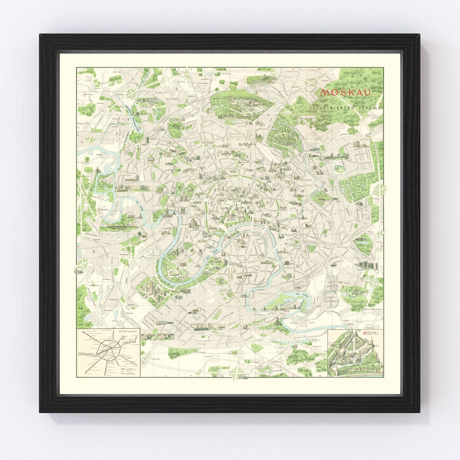 vintage map of Moscow, Russia, 1968