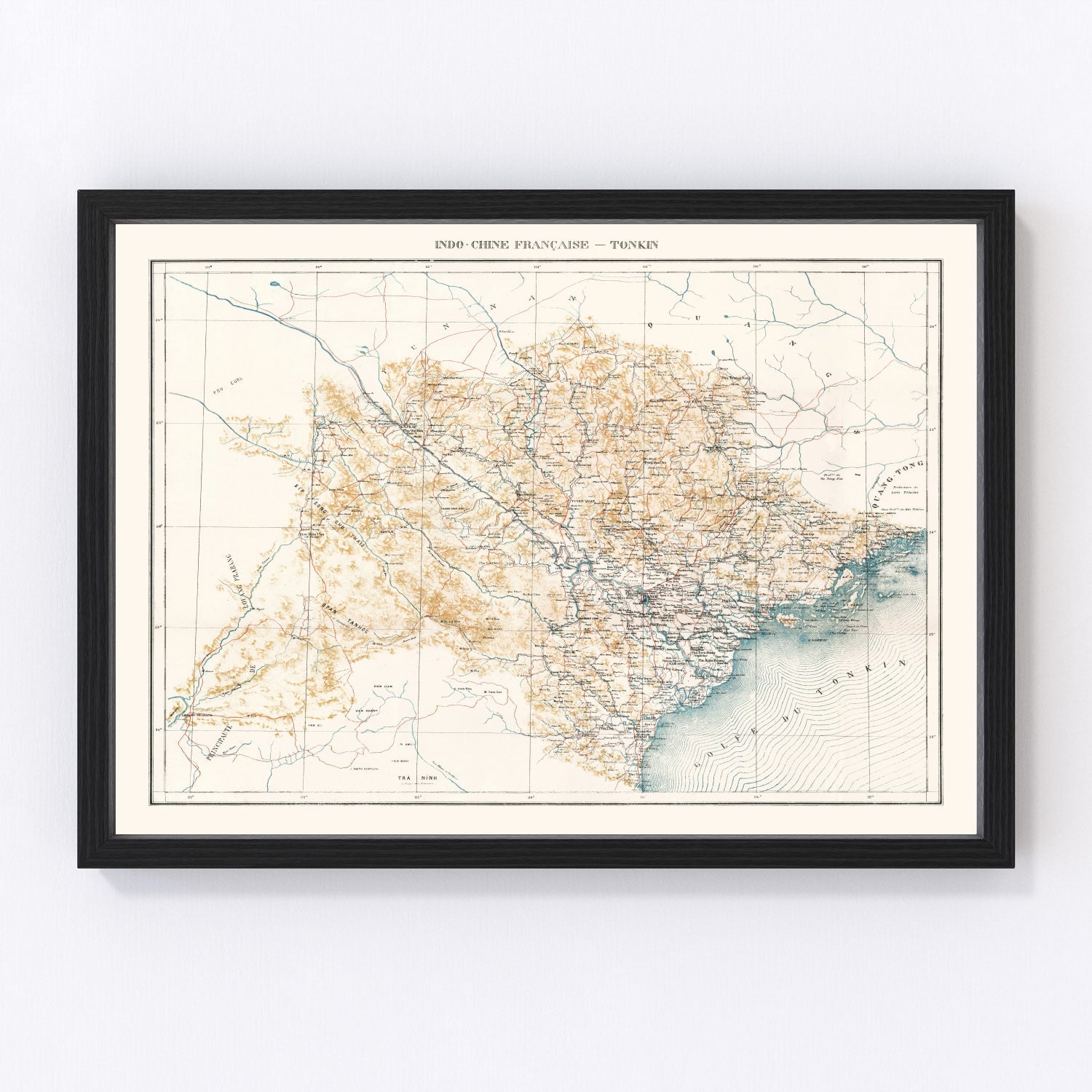 Vintage 1889 map of Tonkin Vietnam, digitally restored print
