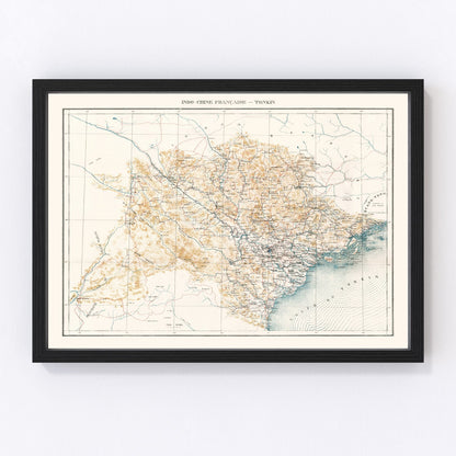 Vintage 1889 map of Tonkin Vietnam, digitally restored print