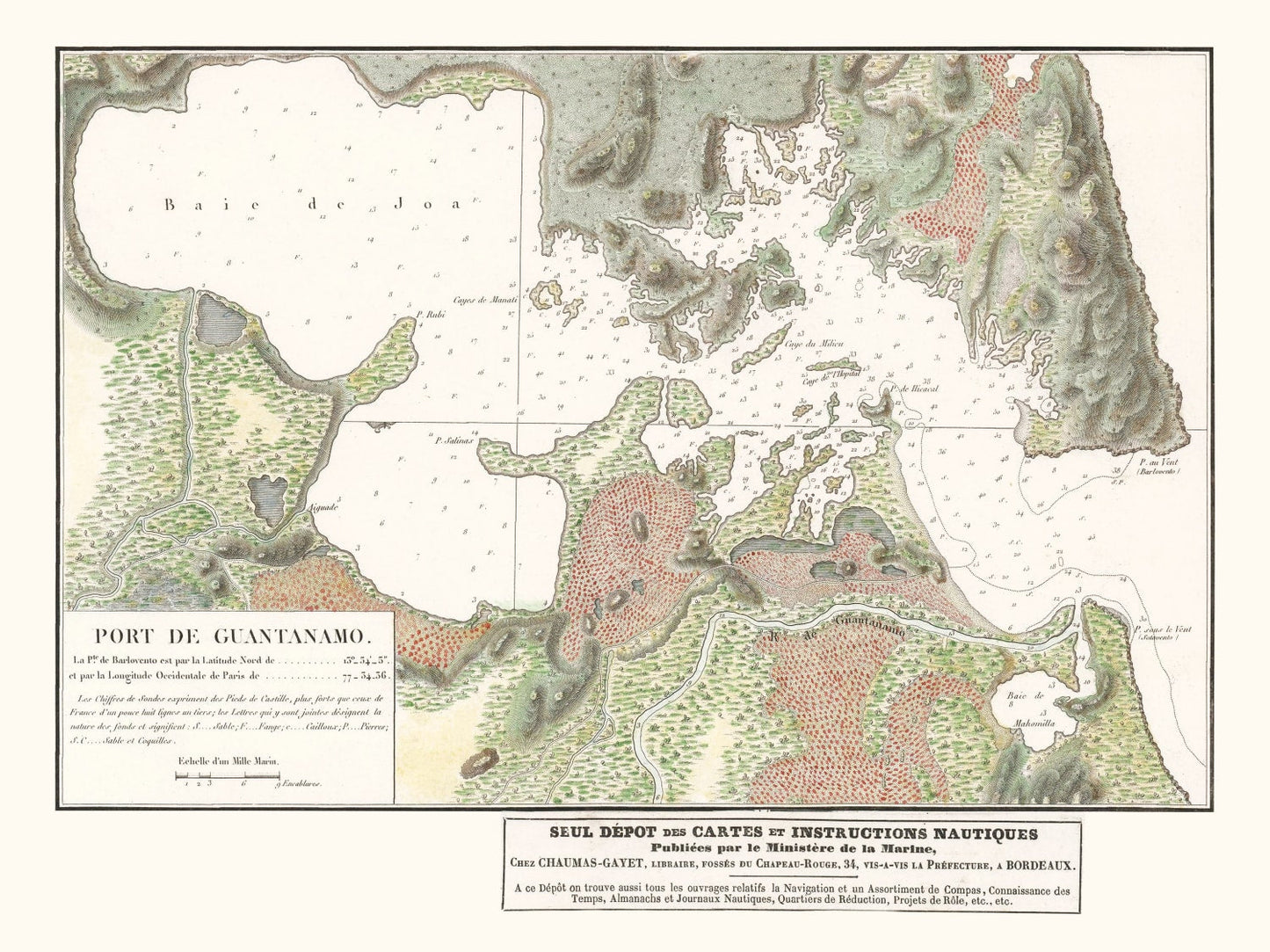 Vintage Guantanamo Bay, Cuba Map, 1830