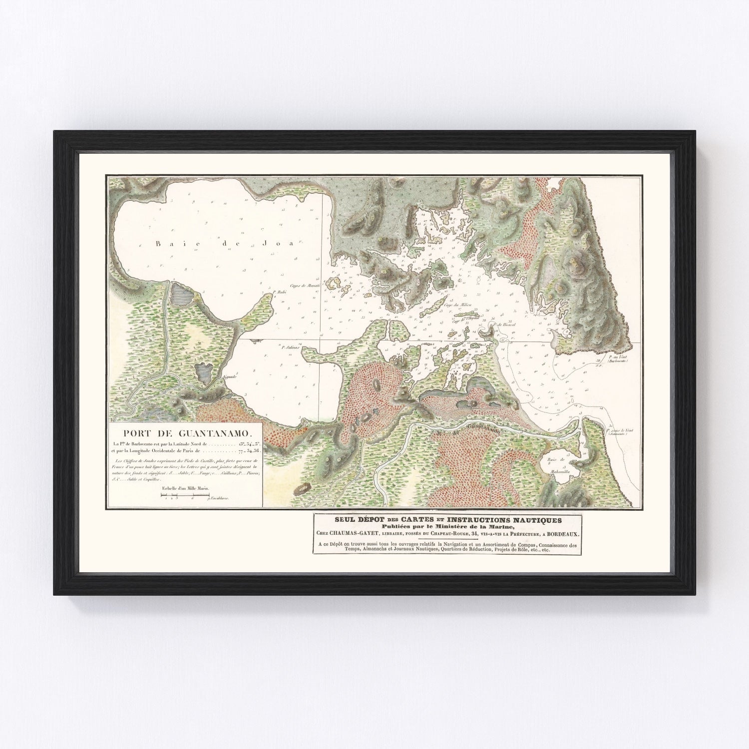 Vintage nautical map of Guantanamo Bay, Cuba harbor, 1830