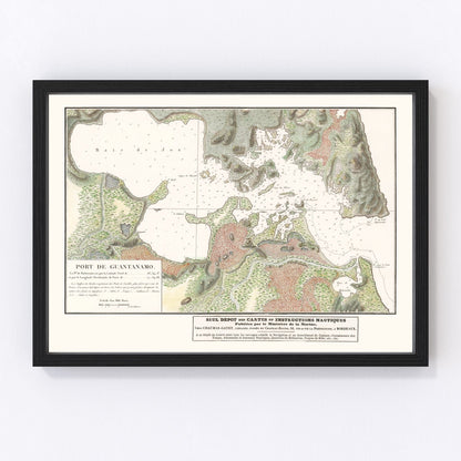 Vintage nautical map of Guantanamo Bay, Cuba harbor, 1830