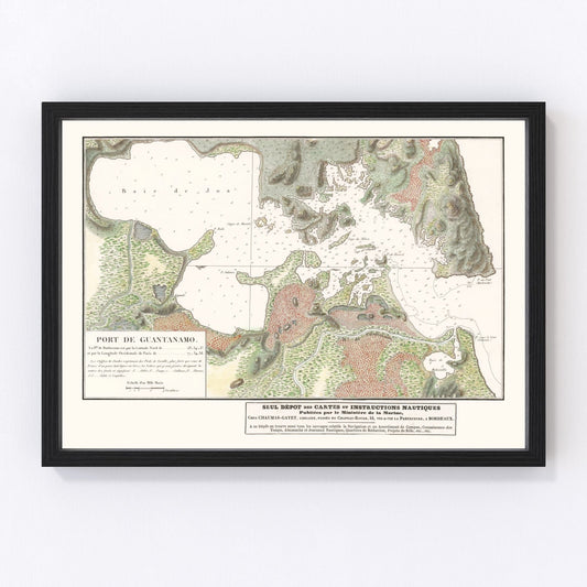 Vintage nautical map of Guantanamo Bay, Cuba harbor, 1830