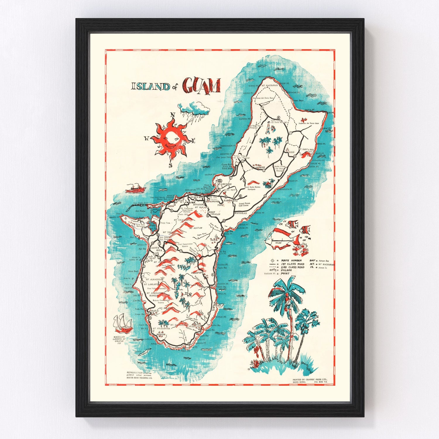 Vintage map of Guam, Pacific island post-WWII, 1955