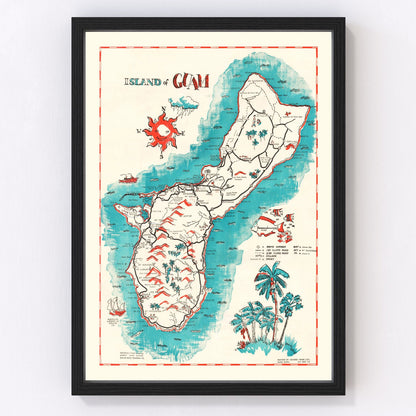 Vintage map of Guam, Pacific island post-WWII, 1955