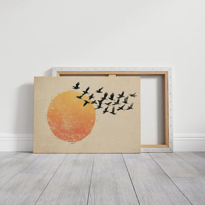 Japanese Birds and Sun Wall Art - Vintage Ink Print