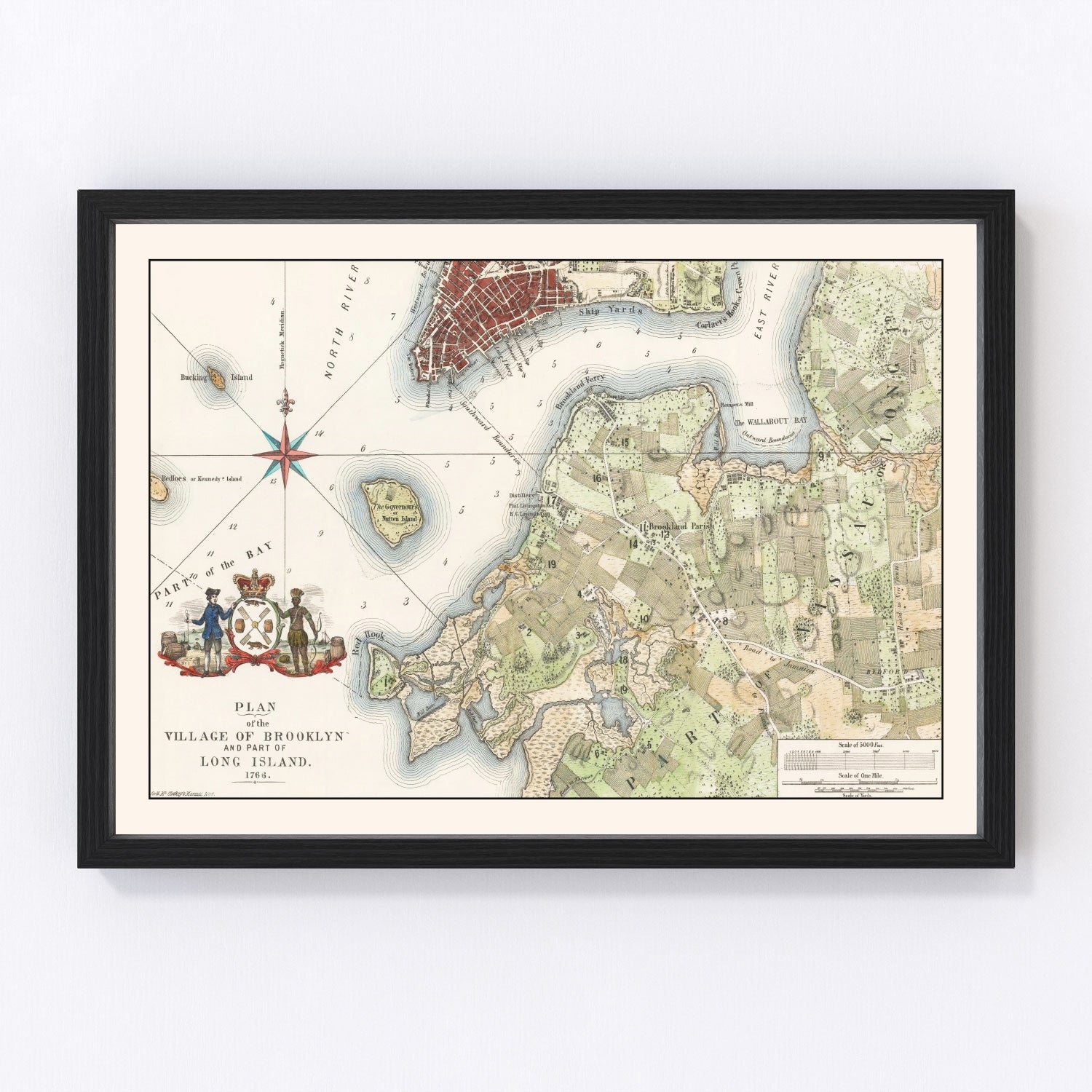 vintage map of Brooklyn New York, 1864, restored print wall art