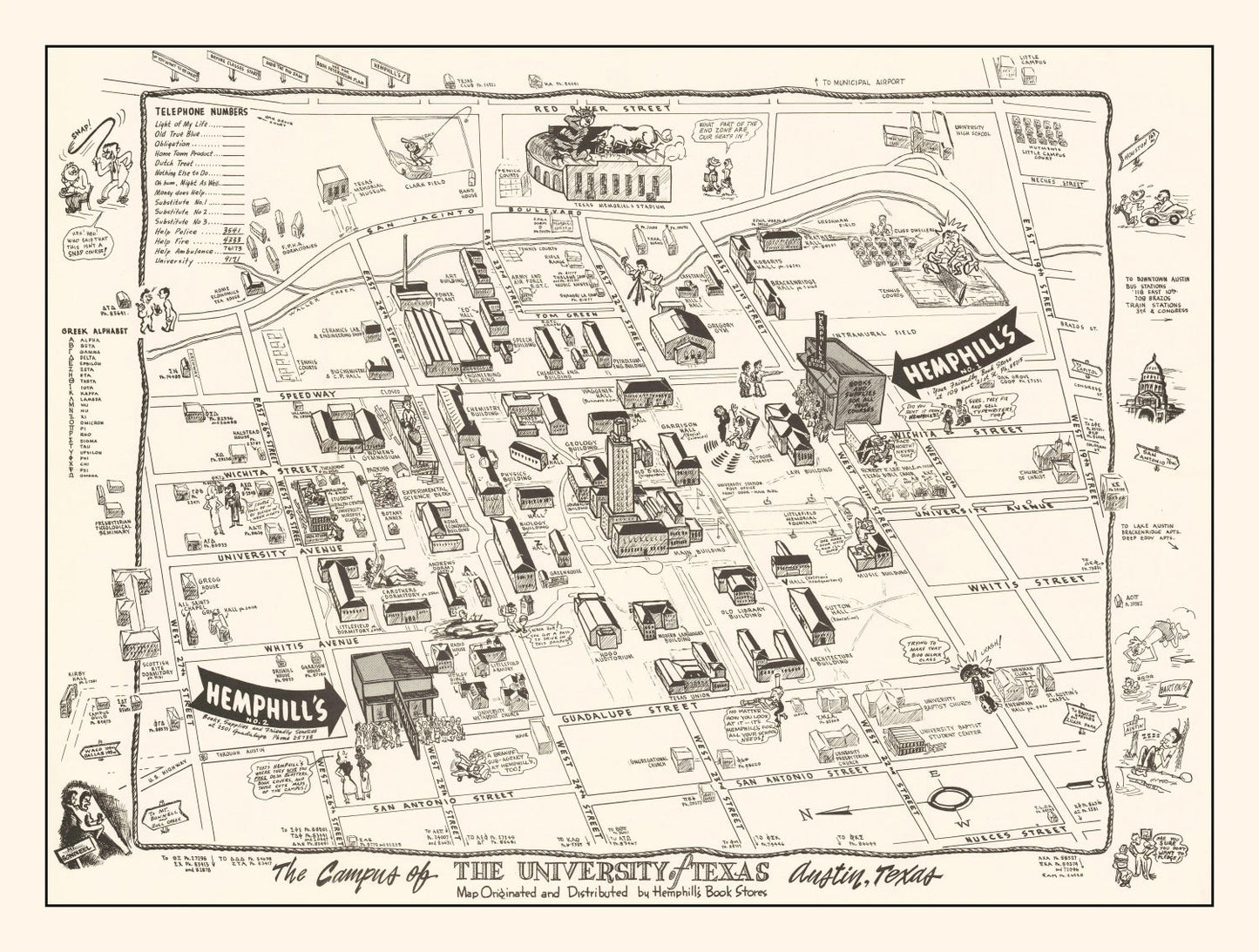 Vintage University of Texas Austin Map, 1945