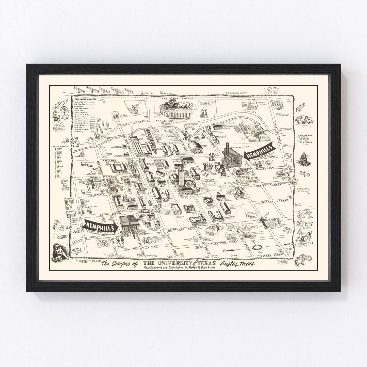 Vintage 1945 map of University of Texas at Austin campus and surroundings, restored print