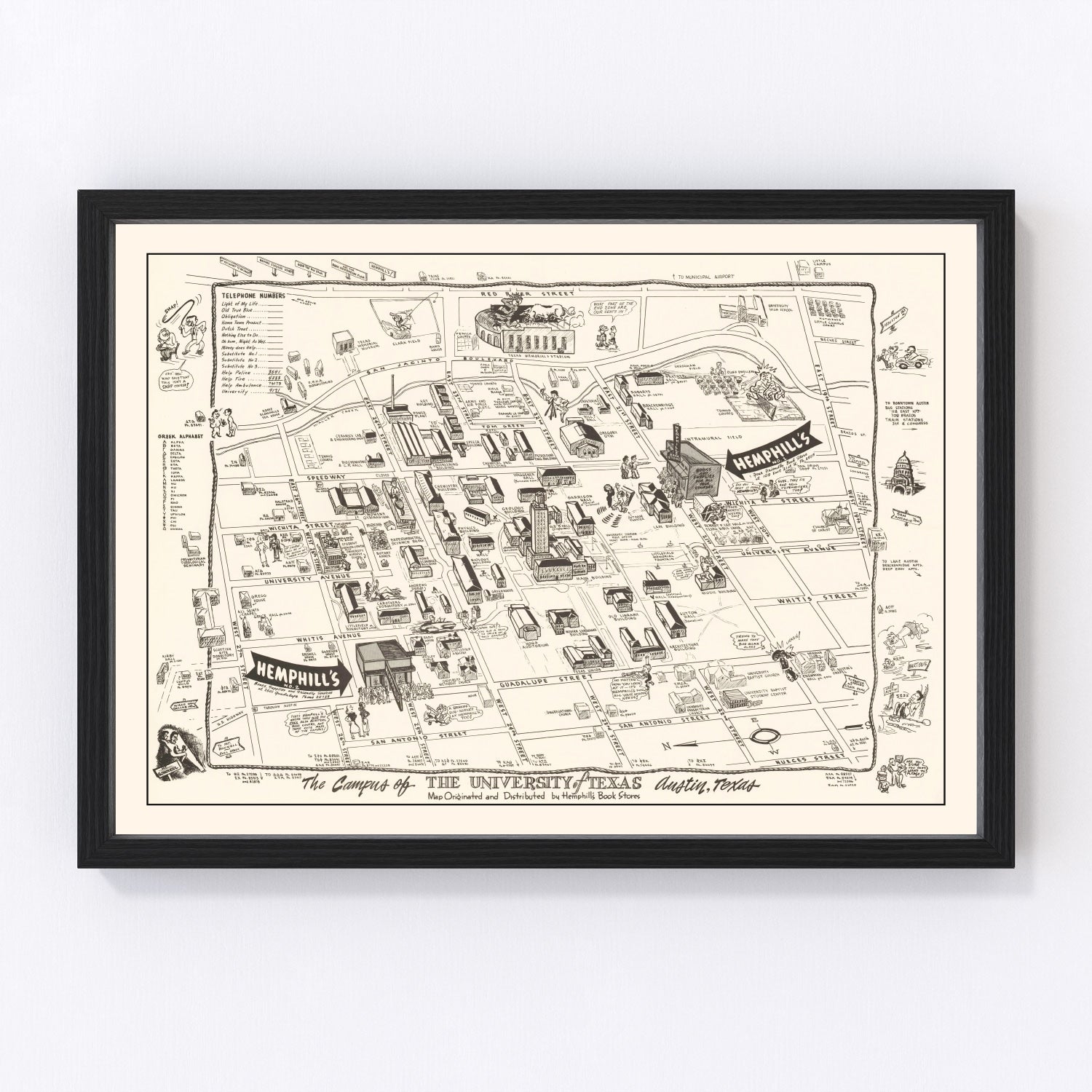 Vintage 1945 map of University of Texas at Austin campus and surroundings, restored print