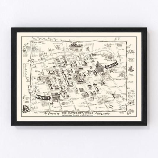 Vintage 1945 map of University of Texas at Austin campus and surroundings, restored print