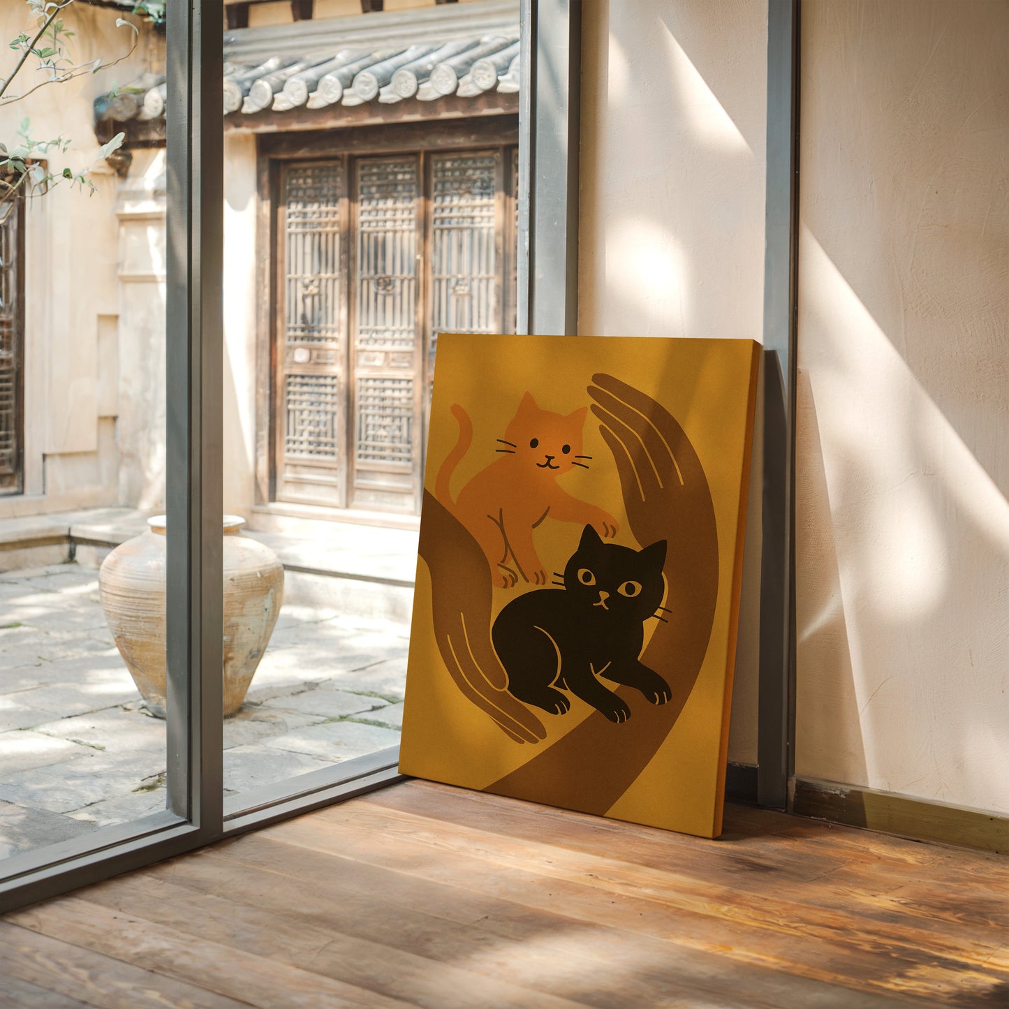 Two Cats Embrace Minimalist Cat Wall Art Print