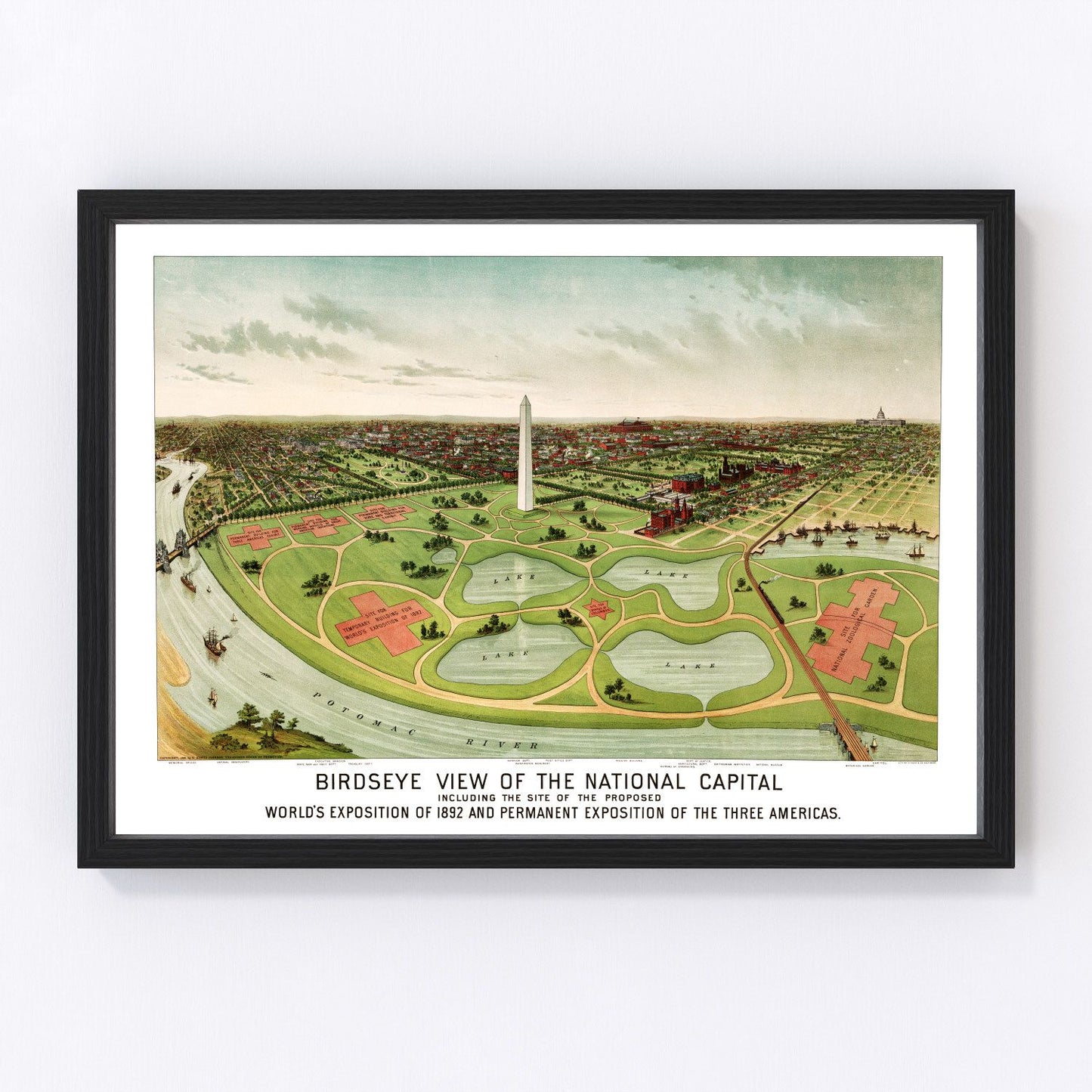 Vintage map of Washington, DC, 1892, Victorian era capital avenues and Potomac