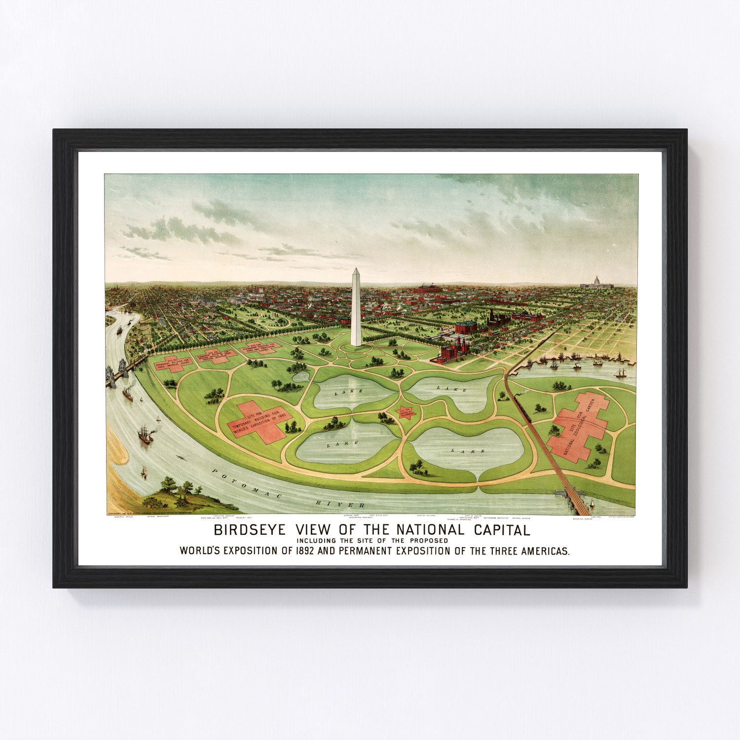Vintage map of Washington, DC, 1892, Victorian era capital avenues and Potomac