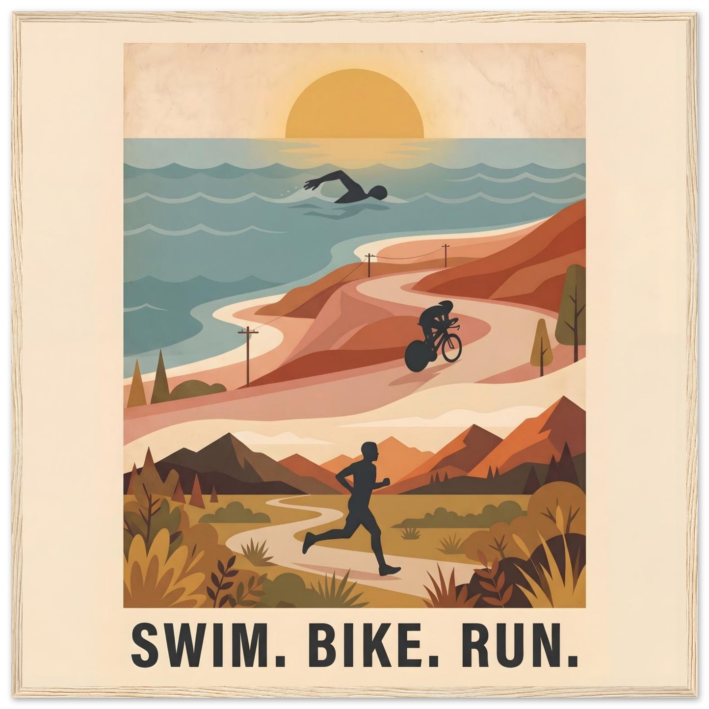 Triathlon Poster: Retro Swim Bike Run Framed Wall Art - 70x70 cm / 28x28″ - Wood frame / Ready-to-hang - Sparkycare