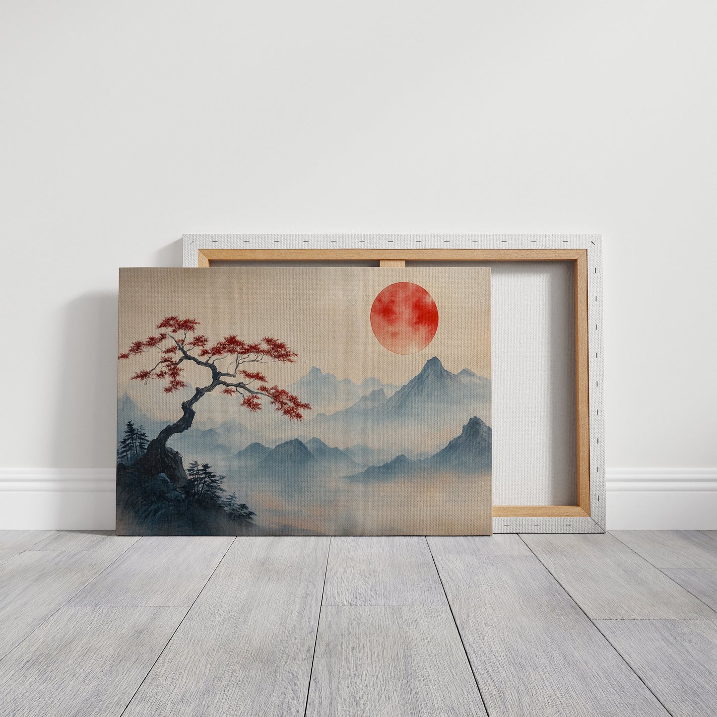Japanese Red Sun and Bonsai Mountain Wall Art Print