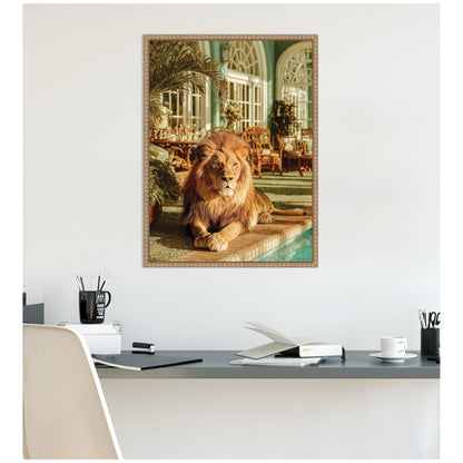 Majestic Lion by the Pool Framed Canvas Wall Art