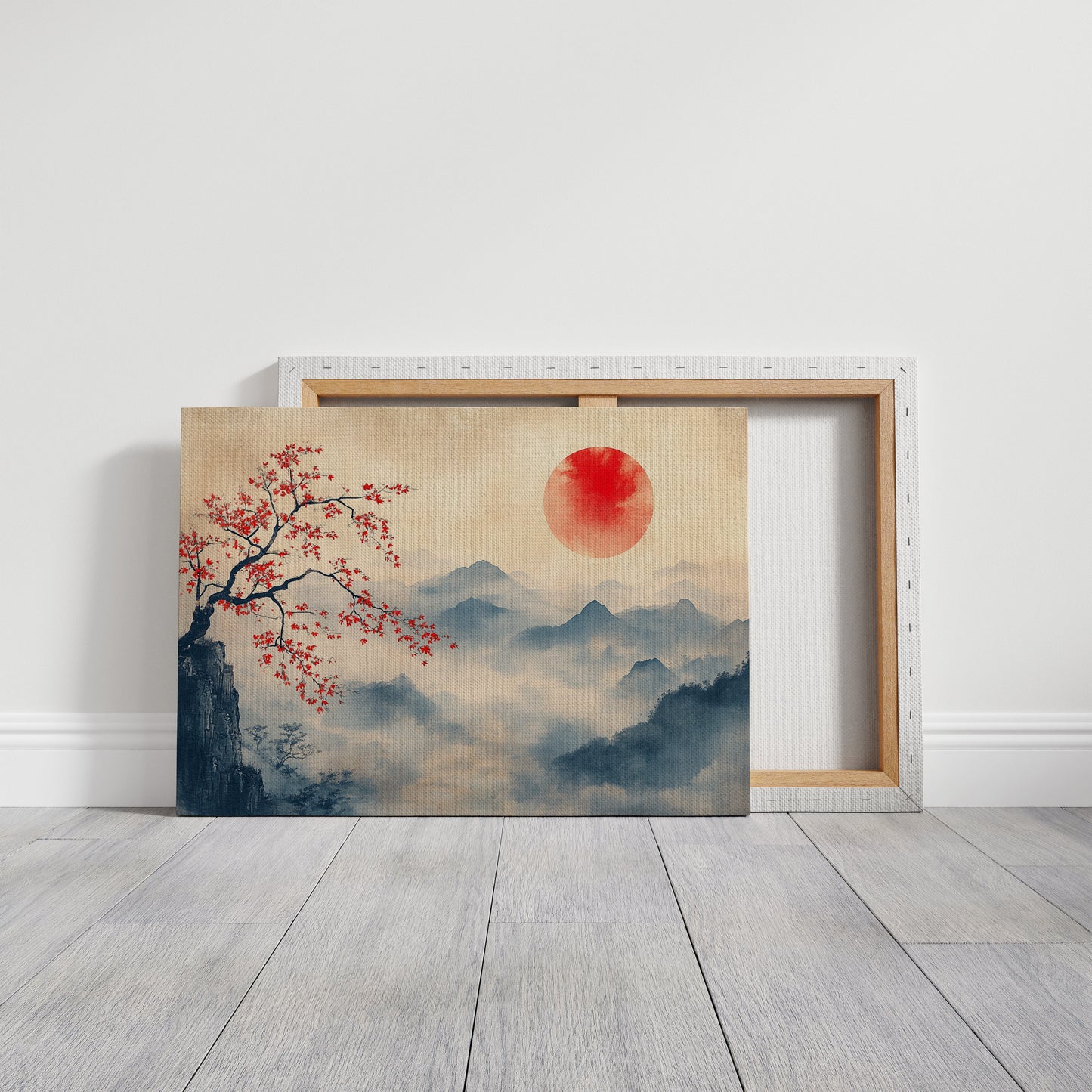 Japanese Red Sun and Misty Mountain Wall Art Print