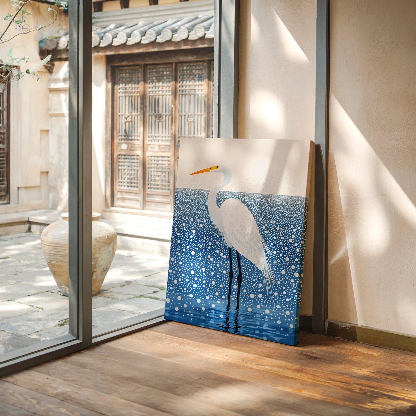 White Egret in Snowfall - Minimalist Bird Wall Art