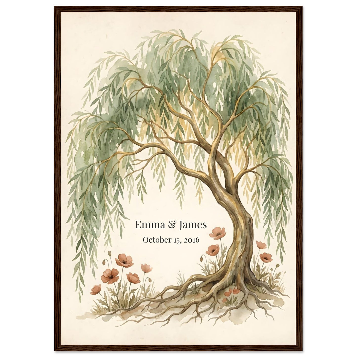 Personalized Willow Tree 9th Anniversary Wall Art - A2 (42 x 59.4 cm) - Dark wood frame / Ready-to-hang - Sparkycare