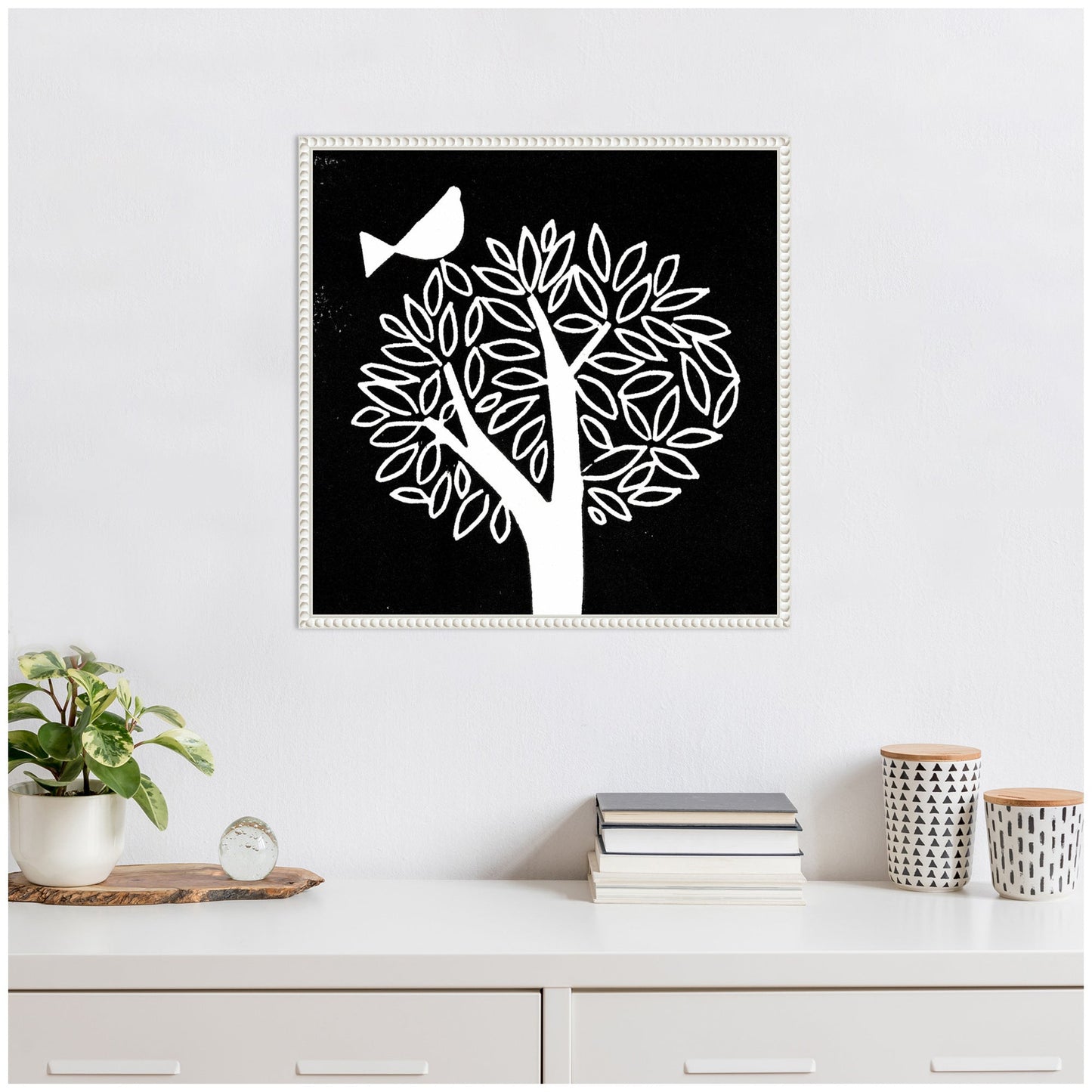 Black and White Bird Tree Linocut Framed Canvas Wall Art