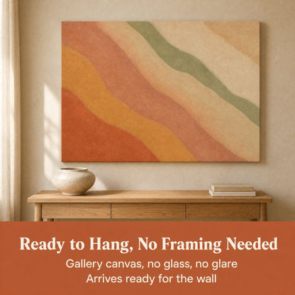 Canvas above a wood sideboard with text: Ready to Hang, No Framing Needed, no glass, no glare