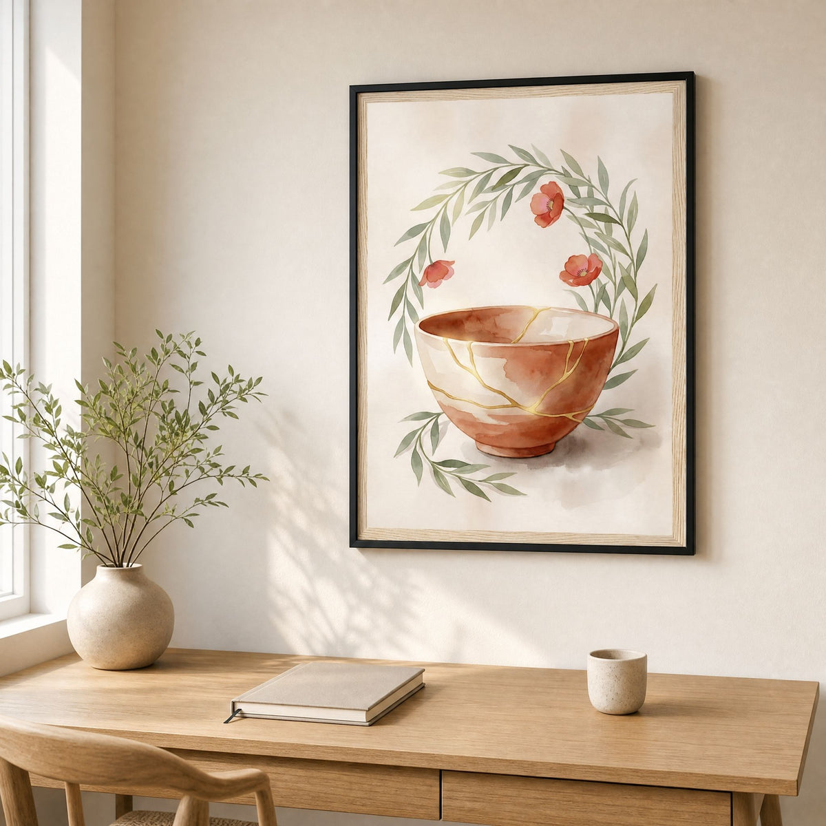Japandi print of a gold-repaired bowl hung above a slim oak desk in a bright, calm home office corner
