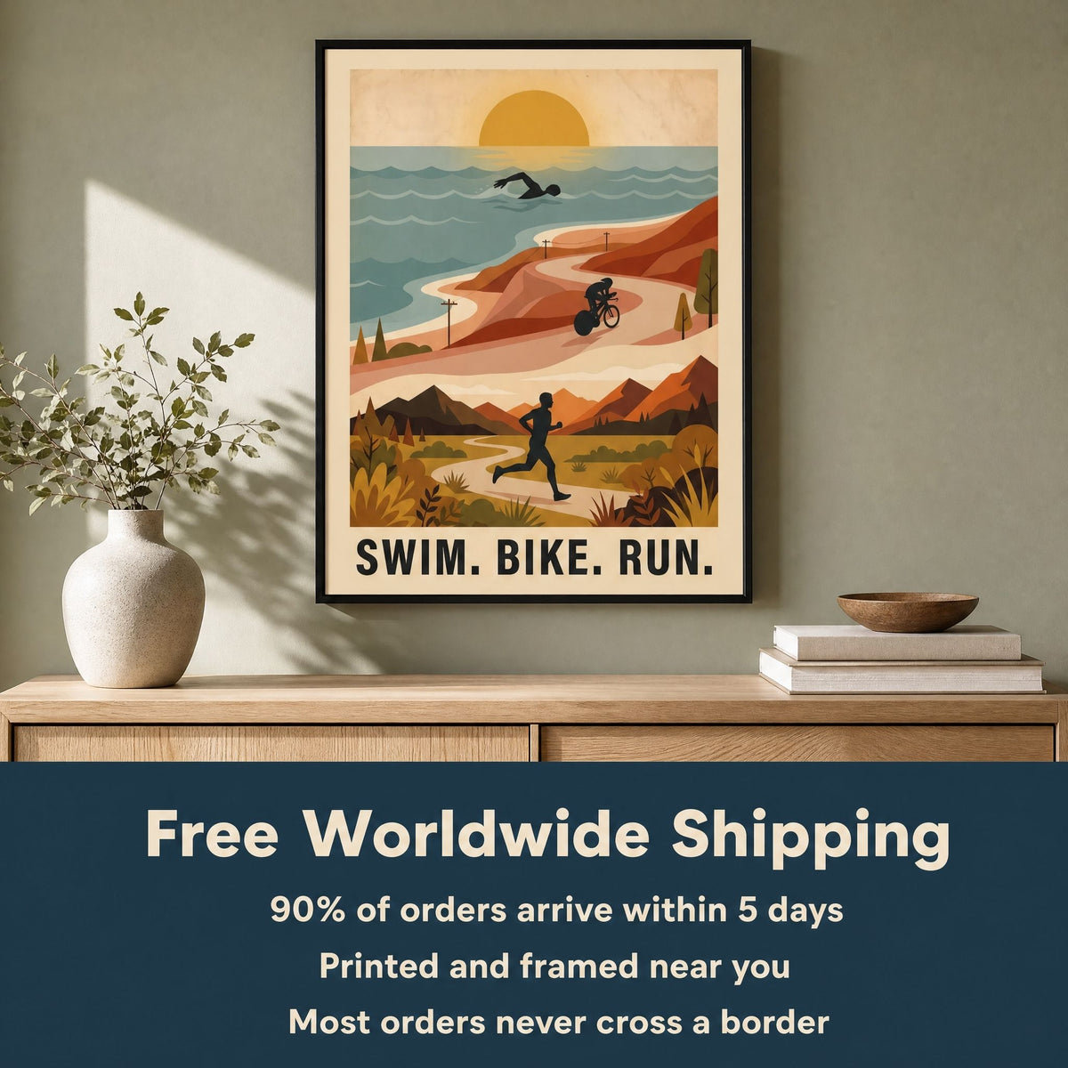 Triathlon Poster: Retro Swim Bike Run Framed Wall Art