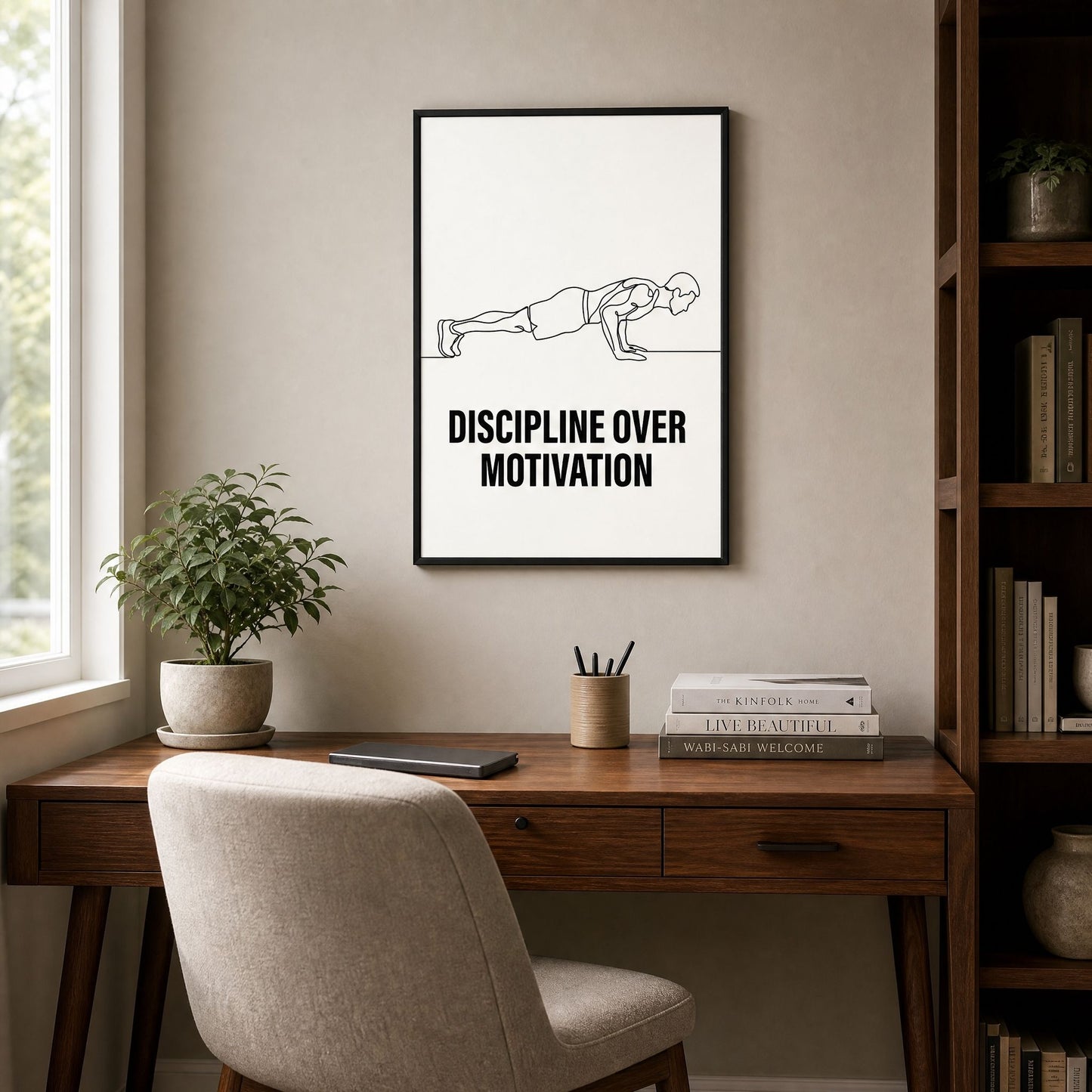 Framed print above a wooden desk with a plant and books, cream chair and window light in a home study