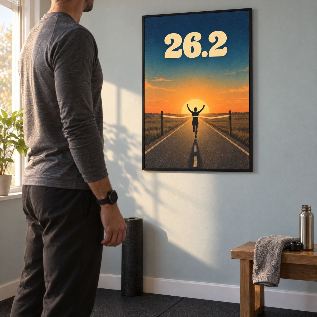 A runner standing back from their framed 26.2 finish line print hung on the wall