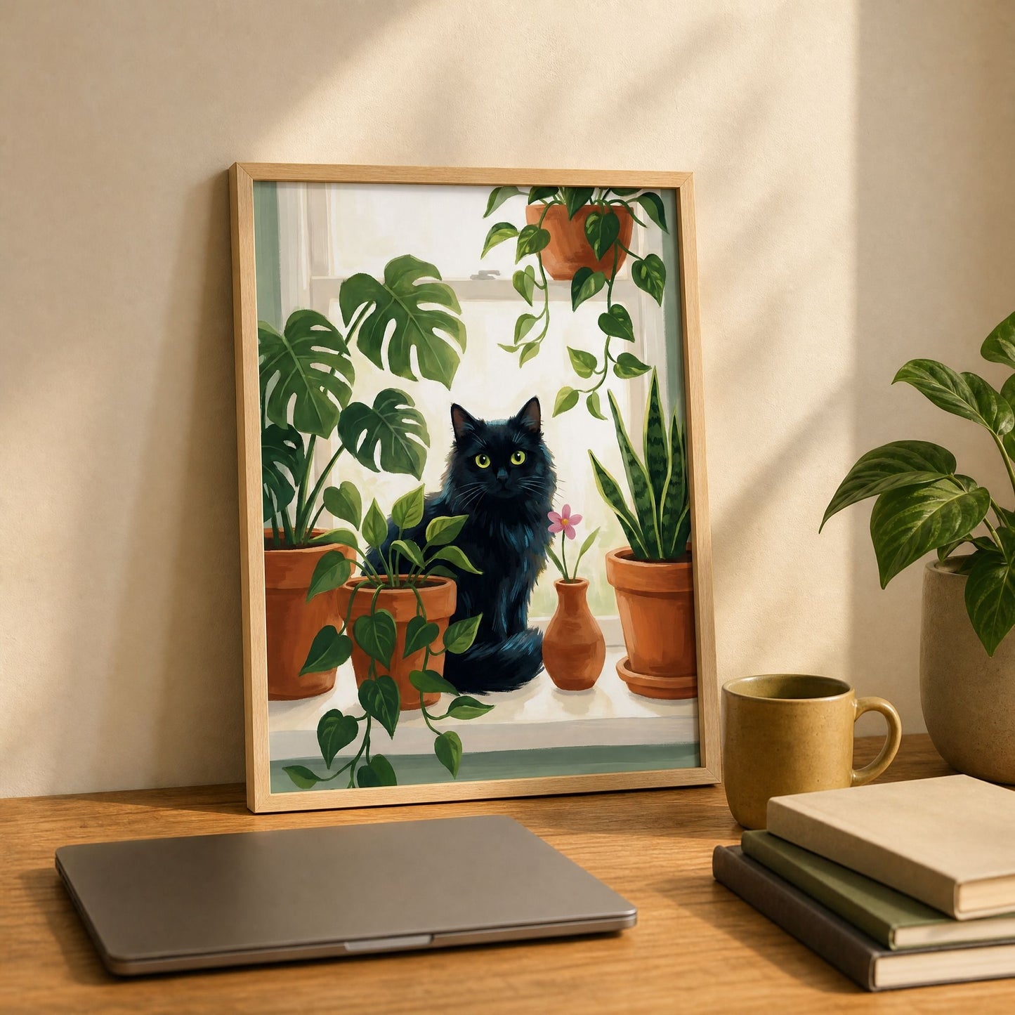 The framed plant lover print leaning on a desk beside a laptop, books and a mug in warm light