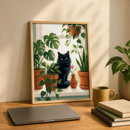 The framed plant lover print leaning on a desk beside a laptop, books and a mug in warm light