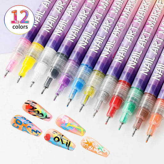 12 color nail art pens set with 0.5mm fine tips and purple gradient design showing sample nail designs