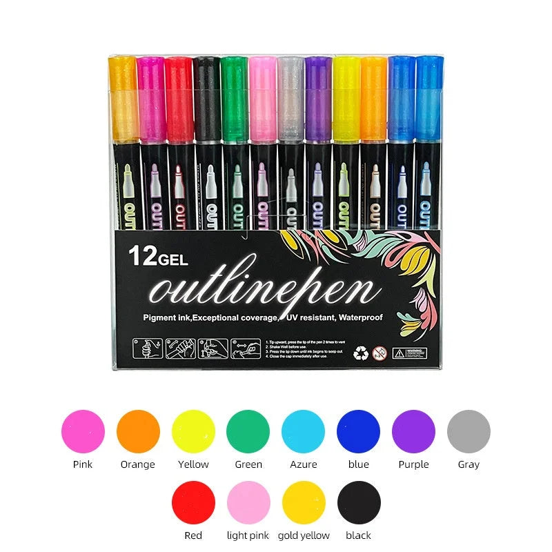 12 color outline pen metallic gel marker set with basic bright shades
