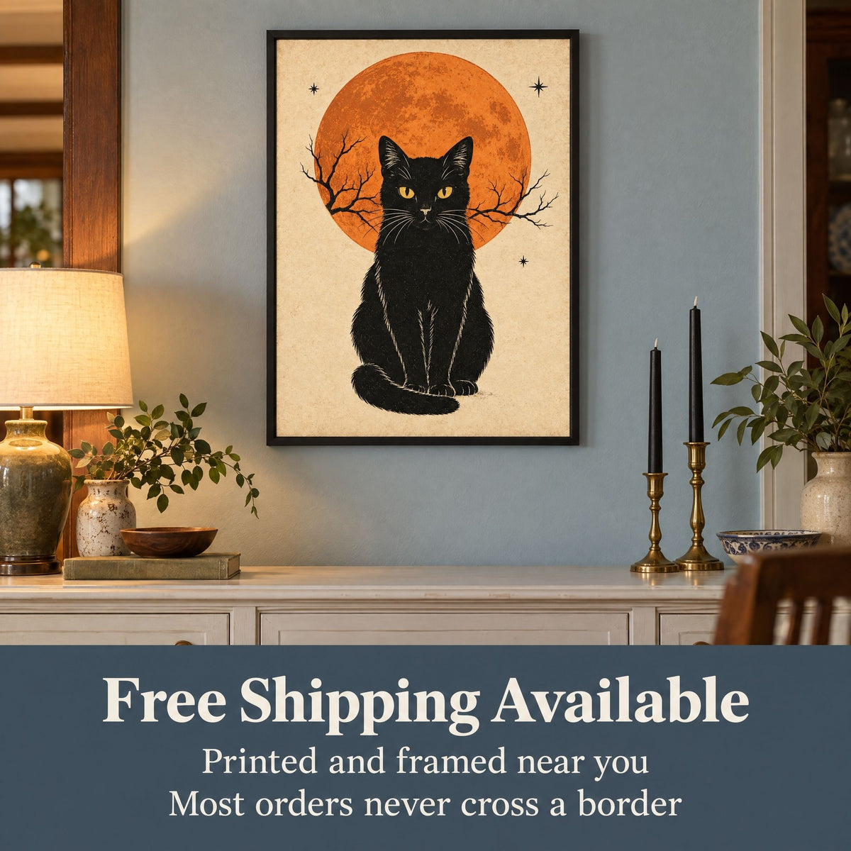 Free shipping available on the framed black cat print, printed and framed near you