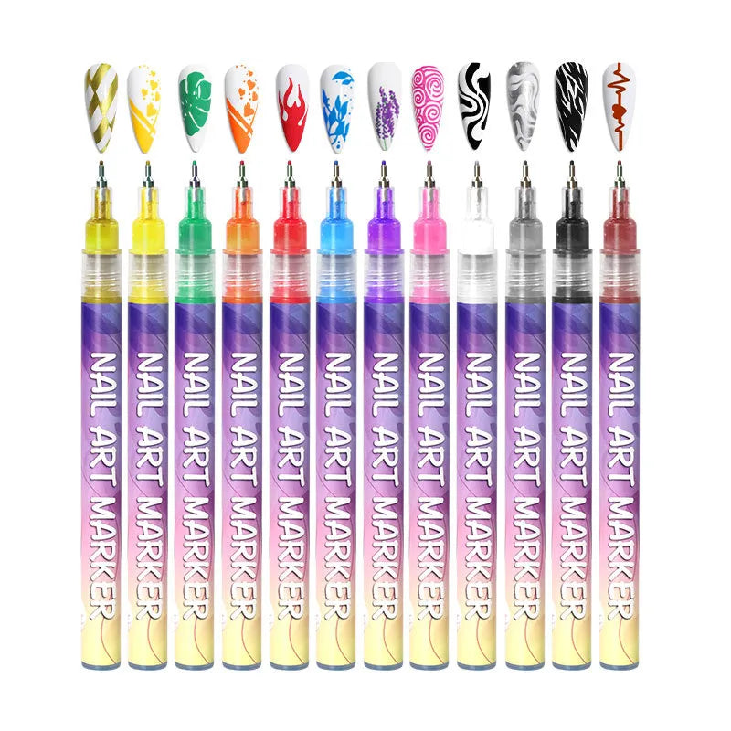12 nail art marker pens lined up showing different colored tips with example nail art designs