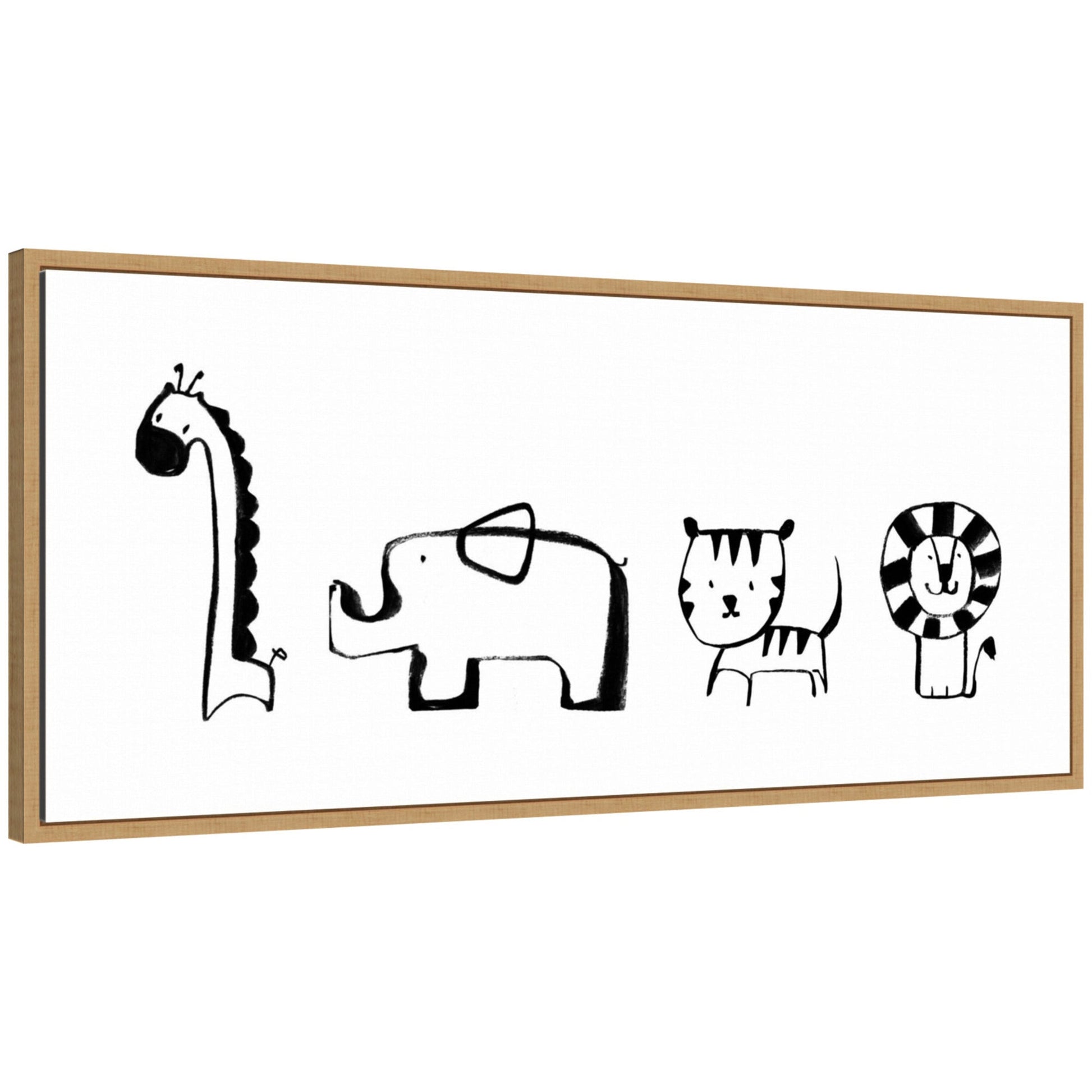 Minimalist giraffe elephant tiger and lion sketch framed canvas wall art