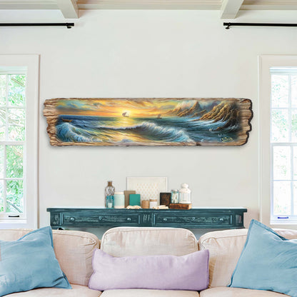 Wave Symphony wood wall art, handcrafted carved ocean panel with sunrise glow, ready to hang