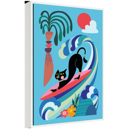 Whimsical ocean surf cat framed canvas wall art in vibrant color, ready to hang