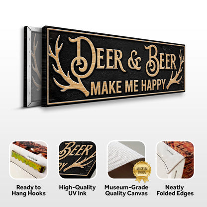 Deer & Beer sign canvas front and side, with text: Ready to Hang Hooks, High-Quality UV Ink, Museum-Grade Quality Canvas, Neatly Folded Edges