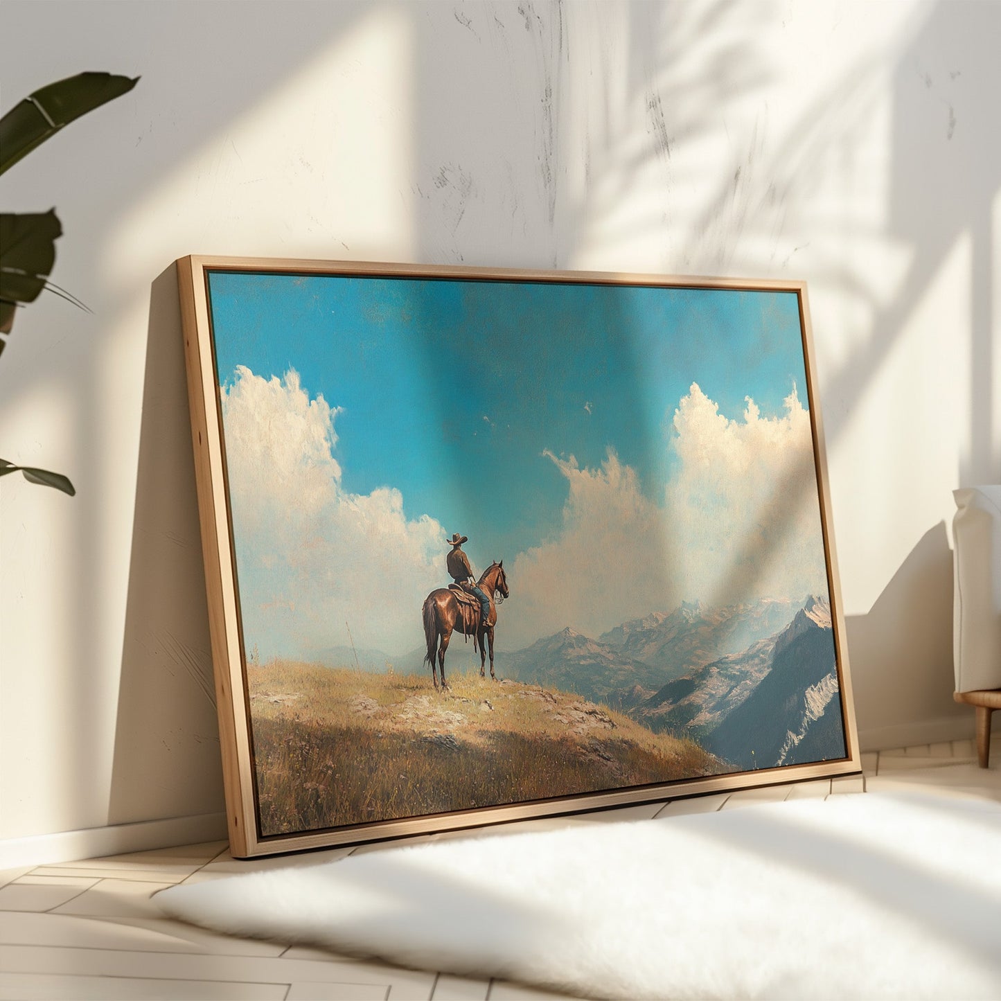 Lone Cowboy on Horseback Western Mountain Print