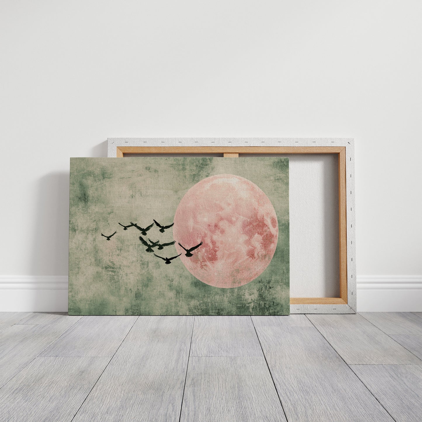 Pink Moon Wall Art - Minimalist Birds in Flight Print